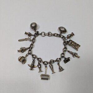 Silver Tone Charm Bracelet Sports Armed Forces 14 Charms Marked Kent